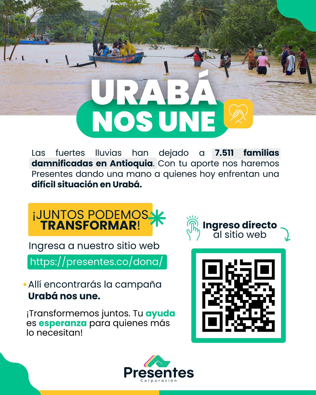 Presentes Corporación lanza campaña para llevar ayudas a damnificados por las lluvias.